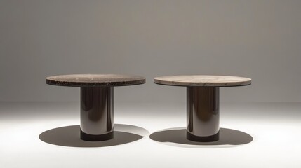 Set of two round coffee tables with elegant marble tops and sturdy cylindrical bases, combining modern design and timeless sophistication. Isolated on white background. Top view. 3d render