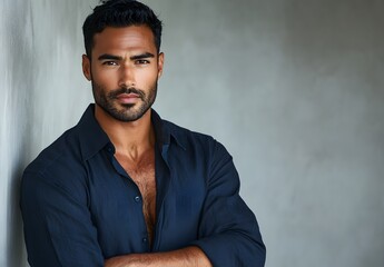Handsome Man Posing Against Gray Wall Wearing Dark Shirt