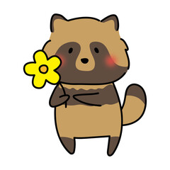 お花を持っているタヌキ