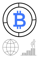 Bitcoin logo in a segmented circle, globe grid representing connectivity, and rising graph on buildings showcasing growth. Ideal for finance, cryptocurrency, blockchain, global networks, investment