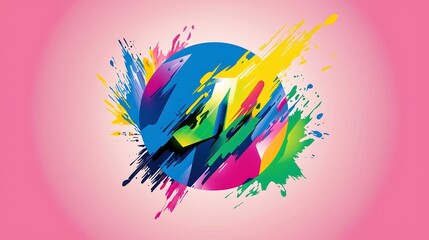 A vibrant circular logo design for a digital marketing agency featuring abstract geometric shapes in bold colors like electric blue, neon green, and hot pink. The logo is centered within a
