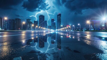 Obraz premium Thunderstorm displays an abstract beauty. Lightning and rain dominate the dark, stormy sky.