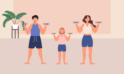 Fototapeta premium Family spending time doing morning exercise together at home illustration