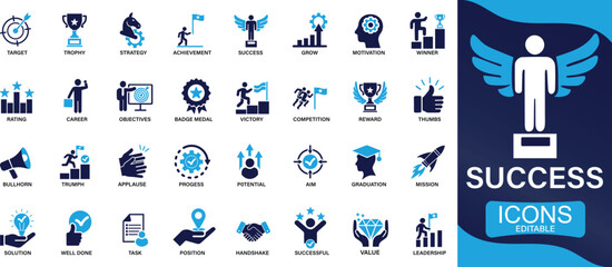 success icon set featuring achievement, goals, trophy, growth, leadership, positive, results,  achievement, goal, business success,  progress, motivation, and business success symbols.