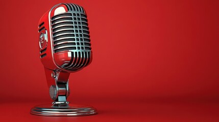 Classic Retro Microphone on Red Background with Shiny Finish and Vintage Style for Music, Podcasting, and Studio Use in Engaging Visual Presentation