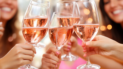 A group of friends clinking their wine glasses together in a toast, celebrating Galentine Day and their friendship with joy and laughter.