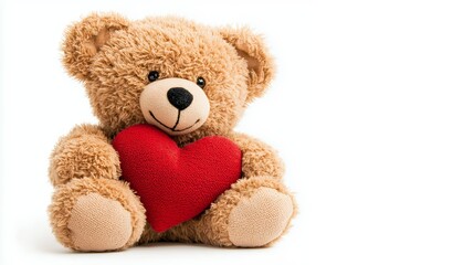 Cute teddy bear holding a red heart plush toy on white background