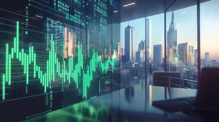 A dynamic stock market graph with rising green bars, overlaid with digital holograms of financial data, set in a modern office with a city skyline view.