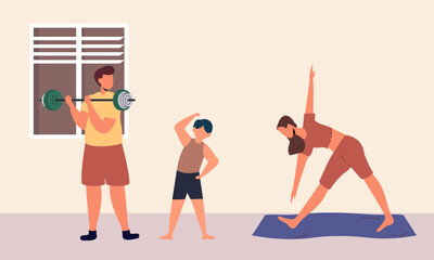 Naklejka premium Family spending time doing morning exercise together at home illustration