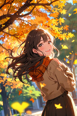 Smiling Woman Enjoying Autumn Day Surrounded by Vibrant Fall Leaves