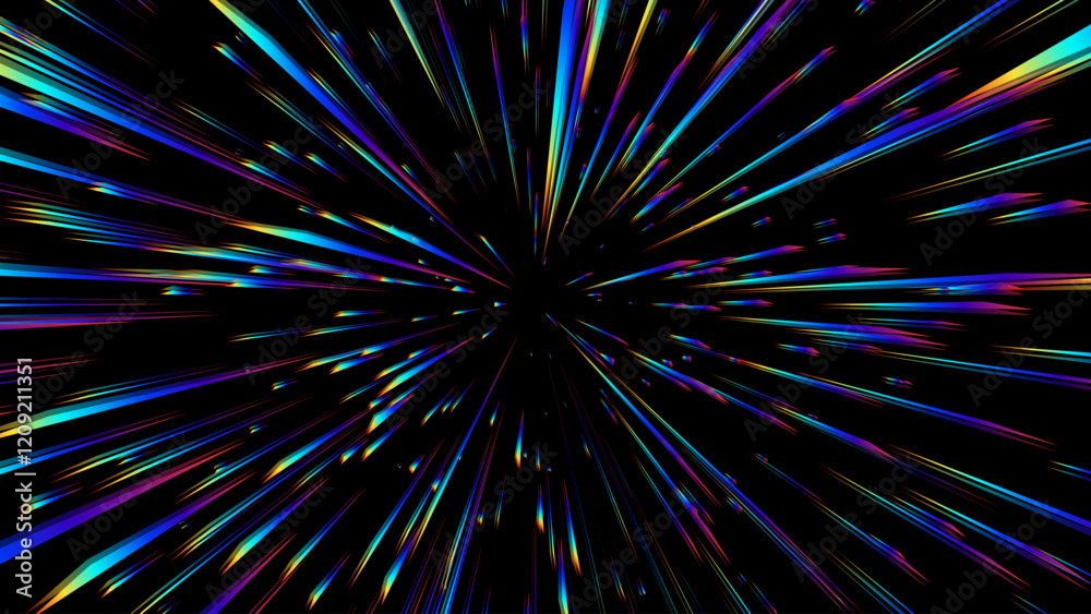 Poster abstract rainbow halo rays on black background. starburst or sunburst with rainbow colors. anime bur