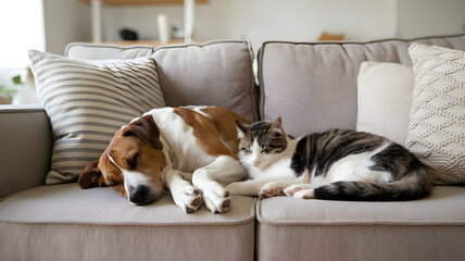 Love your pet day concept. Two adorable cats snuggle together on a cozy couch, celebrating Love Your Pet Day with warmth and affection