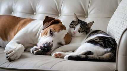Love your pet day concept. Two adorable cats snuggle together on a cozy couch, celebrating Love Your Pet Day with warmth and affection