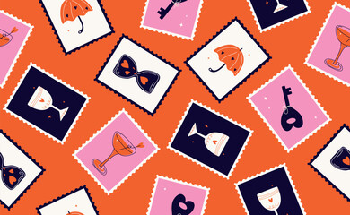 Сute Valentine's day seamless pattern with postage stamps. Hand drawn groovy cartoon sticker elements. 14 February coquette heart. Funky Saint Valentine design in flat style. Isolated vector illustra