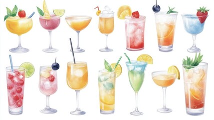 A colorful array of various cocktails in elegant glasses, garnished with fruits and herbs, perfect for a refreshing summer vibe.