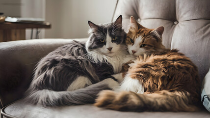 Love your pet day concept. Two adorable cats snuggle together on a cozy couch, celebrating Love Your Pet Day with warmth and affection