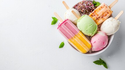 Colorful popsicles and ice cream in bowl, summer refreshment, white background, food photography, for recipe blogs
