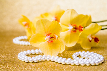 yellow Orchid and pearl necklace on a shiny gold background
