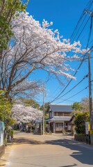 Obraz premium Cherry blossoms line a spring street, houses in background, sunny day, travel photo
