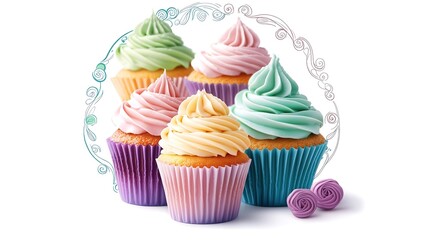 A whimsical circular logo for a bakery, showcasing an array of colorful cupcakes in pastel shades, surrounded by playful swirls and soft floral elements. The design emphasizes a dreamy and inviting