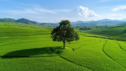 Fototapeta premium Lone tree in lush green rice fields under a blue sky.