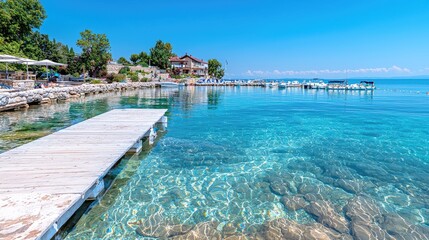 Fototapeta premium A wooden pier extends into the crystal clear turquoise water of a tropical sea under a bright blue sky.