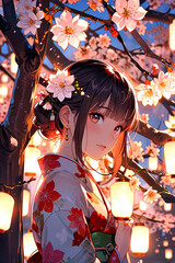 Elegant Anime Style Woman In Traditional Kimonos With Lanterns Outdoors