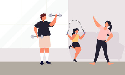 Family spending time doing morning exercise together at home illustration