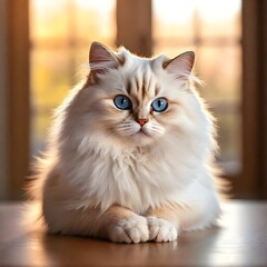 A soft, long-haired white cat not in front of a bright and warm background