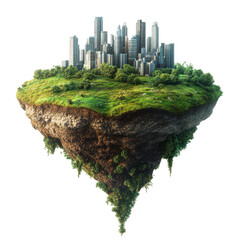 3D illustration of Floating island with city building and flying green grass field landscape, round soil ground cross section on transparent background
