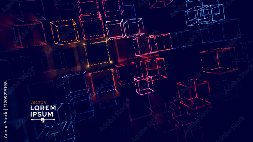 Poster Big Data 3D Digital Cubes Quantum Computer Server Concept Background. 3D Blockchain Cube Blocks Concept. Data Core Abstract Cubes. Artificial Intelligence Presentation Design. Vector Illustration.