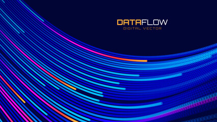 Digital Data Flow Vector Background. Big Data Technology Lines. 5G Wireless Data Transmission. High Speed Light Trails. Information Flow in Virtual Reality Cyberspace. Vector Illustration.