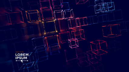 Big Data 3D Digital Cubes Quantum Computer Server Concept Background. 3D Blockchain Cube Blocks Concept. Data Core Abstract Cubes. Artificial Intelligence Presentation Design. Vector Illustration.