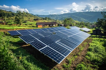 A small community-powered solar farm thrives in a rural village, harnessing sunlight on a sunny day. Locals benefit from renewable energy and environmental stewardship
