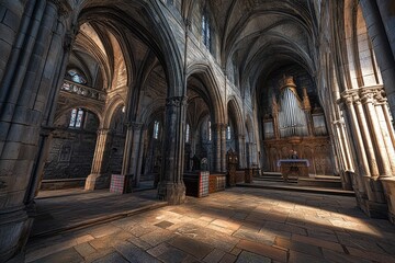 Fototapeta premium Sunlight streams into ancient church nave, illuminating stone arches and pipe organ