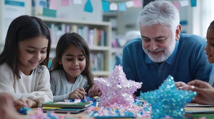 A captivating scene highlighting multicultural educators working together in a stimulating classroom filled with resources, books, and technology. The interaction between the educators reflects