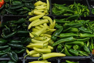 Variety of chili peppers on supermarket shelves in Mexico