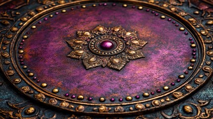 Obraz premium Intricately Designed Vintage Decor Plate with Colorful Gemstone Embellishments Set Against a Richly Textured Background in Shades of Purple and Gold