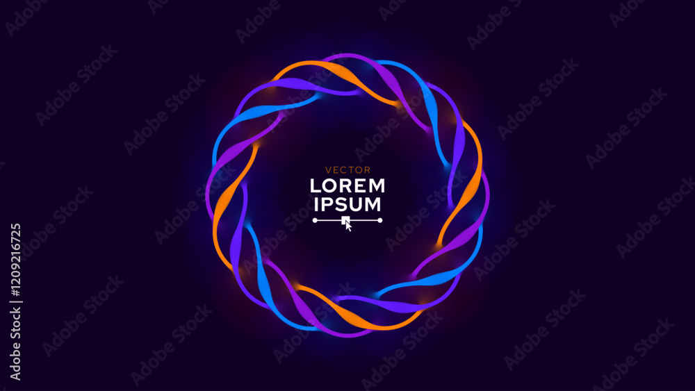 Poster dynamic neon glow round shape circle frame. abstract purple blue orange circles lines on dark backgr