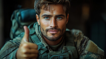 Guy in military uniform shows thumbs up