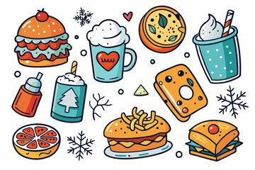 Cozy winter comfort food and drink sticker collection for seasonal design