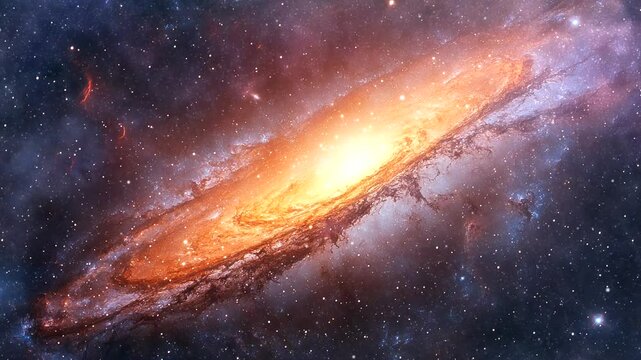 Stunning spiral galaxy glowing in vibrant orange hues surrounded by stars seamless looping 4k time-lapse animation video background