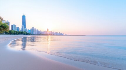 Naklejka premium Chicago skyline and John Hancock Center reflected in Lake Michigan from a sandy beach at sunrise.