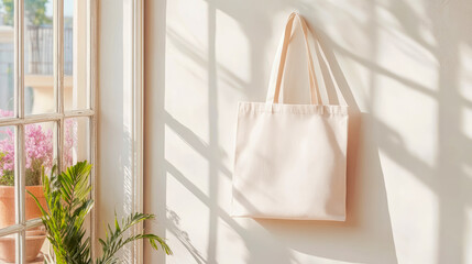 Beige Tote Bag Hanging on Wall in Sunlit Room