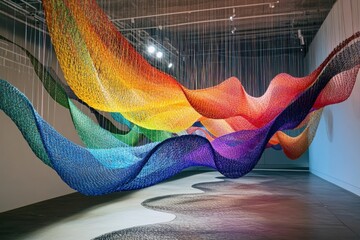 This vibrant art installation features suspended threads in a wave pattern, showcasing an array of colors that engage viewers. The experience immerses visitors in an artistic environment