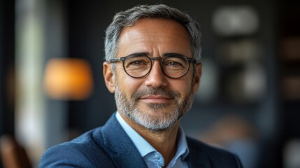 Fototapeta premium Portrait of a smiling middle-aged man wearing glasses and a suit.
