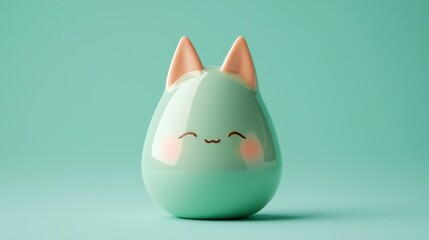 Fototapeta premium Cute Cartoon Cat Figure on Soft Mint Background with Smiling Expression