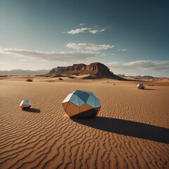 A surreal desert landscape with oversized, floating geometric shapes.