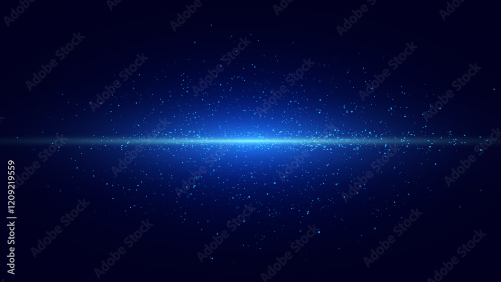 Poster laser light line. horizontal neon light. neon blue horizontal speed particles. glowing stripes. colo
