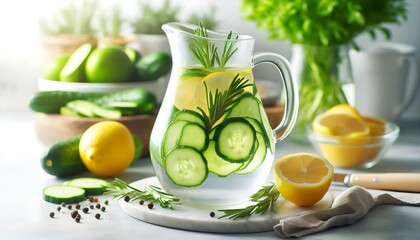 Fototapeta premium A clear glass pitcher of infused water with slices of cucumber, lemon, and sprigs of rosemary, surrounded by fresh ingredients on a bright kitchen counter.